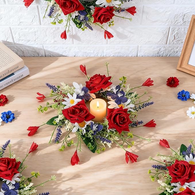 8 PCS Mini Patriotic American Cabinet Wreaths Small Red White and Blue Floral Wreath for Front Door with Ribbon Roses Daisy Forsythia July Independence Day Hanging Wreath for Porch Wall Window Decor