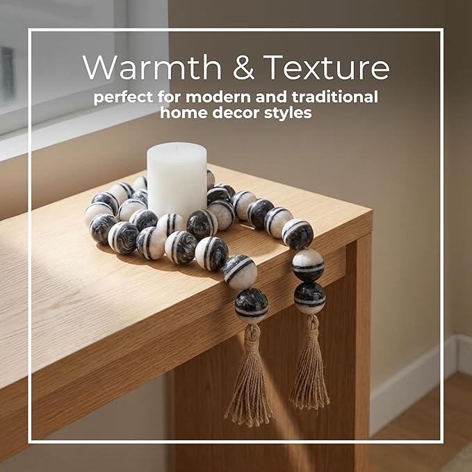 Sagebrook Home Modern Decorative Beads Garland - Handcrafted Resin & Jute - Boho Farmhouse Style - Home & Office Accent - 3" Ivory, White, Black