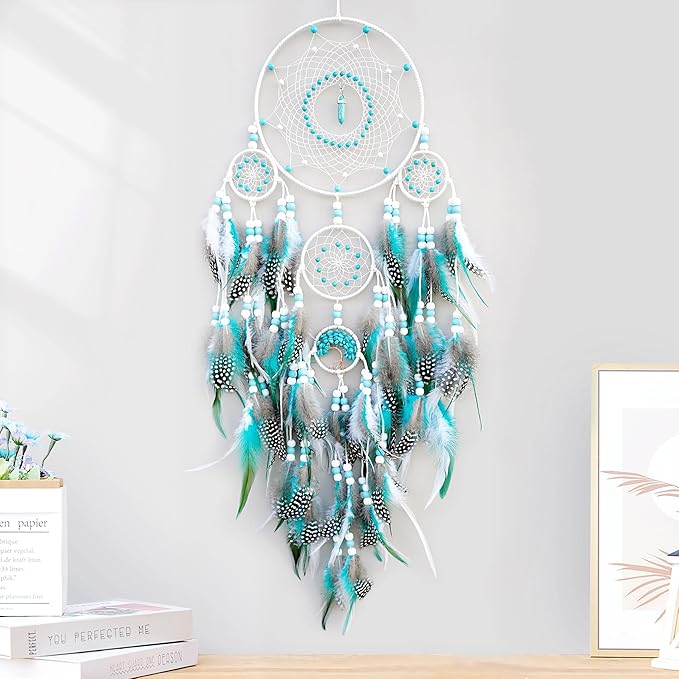 Large Dream Catchers,Boho Handmade Woven Turquoise Dream Catcher Wall Hanging Ornament for Bedroom Living Room Apartment Wedding Party Decor, Festival Blessing Gift (White+Turquoise)