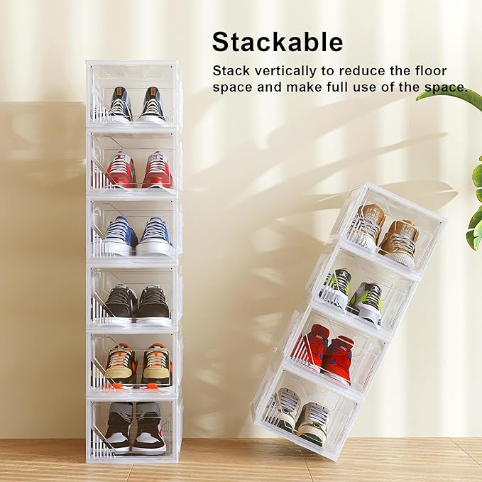 AWTATOS Shoe Boxes with Magnetic Door, Stackable Shoe Storage Organizer with Lids, Folding Shoe Rack for High Heels, Thickened Sneaker Storage Container, 6 Pack, Clear