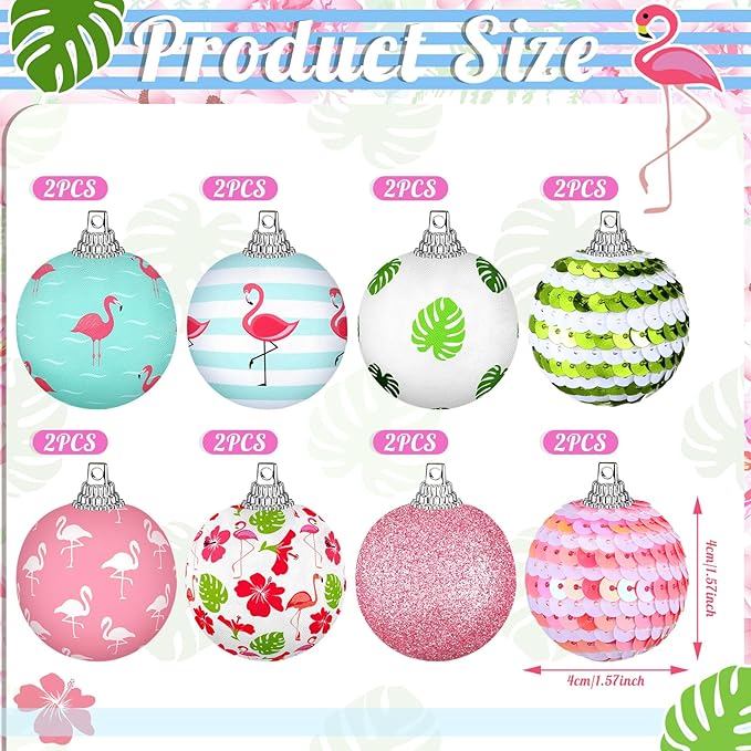 Zeyune 16 Pcs Summer Flamingos Tree Ornaments Summer Hanging Ornament Ball Tropical Palm Flamingo Hanging Home Decorations for Tree Tropical Party Holiday Decor