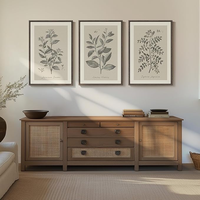Large Framed Botanical Wall Art for Living Room, 3 Piece Neutral Plant Canvas Painting Prints Artwork for Farmhouse Walls, Vintage Floral Pictures for Bedroom Kitchen Hallway Wall Decor, 20x30 Inch