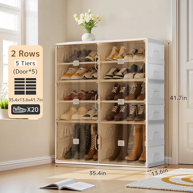 Foldable Shoe Rack Organizer for Entryway with Clear Magnetic Doors - Large Capacity Shoe Cabinet for Boots, Sneakers & All Shoes, Easy Assembly, White 5-Tier 20 Pairs