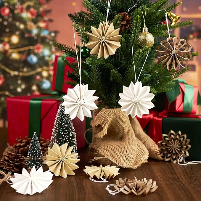 EASY JOY 9Pcs Christmas Hanging Decorations - 3D Paper Christmas Tree Hanging Decor Log White Snowflake Ornaments Christmas Decorations Outdoor Indoor for Xmas Party,Boho Home,Window Door Decor