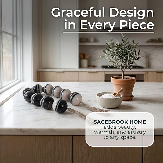Sagebrook Home Modern Decorative Beads Garland - Handcrafted Resin & Jute - Boho Farmhouse Style - Home & Office Accent - 3" Ivory, White, Black