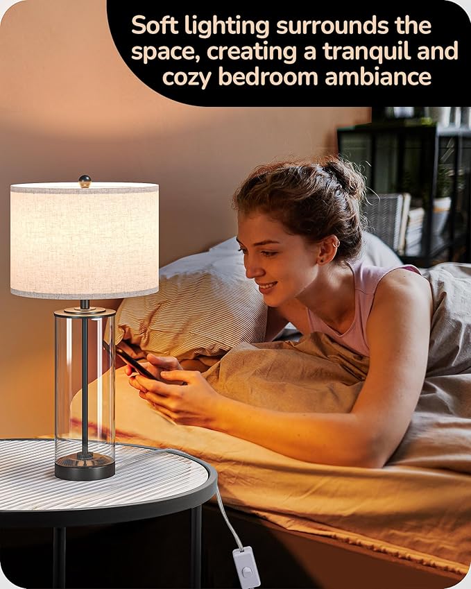 EDISHINE 23.6" Glass Table Lamp Set of 2, DIY Refillable Bedside Lamp with Linen Lampshade & Rotary Switch, E26 Base, Nightstand Light for Living Room, Bedroom, Office