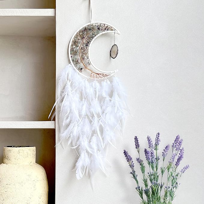 Moon Dream Catchers with Chakra Gemstone Agate Stone, Crystal Tree Life Dream Catchers Wall Hangings Room Decor (White)