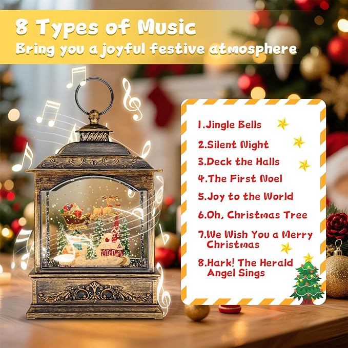 Christmas Snow Globes, Light Up Snow Globe with 6H Music Timer, Auto Snowfall, USB or Battery Powered, Christmas Globe with Santa Snow Globe Scene, Indoor Christmas Decorations for Home, Retro Gold
