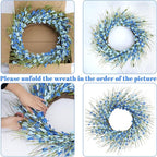 GTIDEA Summer Wreaths for Front Door, 24 Inch Blue Floral Wreath with Grapevine Base, Silk Forsythia Flowers Wreath for Everyday Farmhouse Door Decor Porch Wall Window Indoor Outdoor
