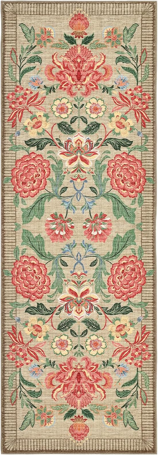 GarveeHome Floral 2.5x8 Washable Kitchen Runner Rugs Non Slip Camel Taupe Brown Vintage Boho Cottage Long Rug for Hallways Bedroom Entryway Bathroom Mat with Rubber Back