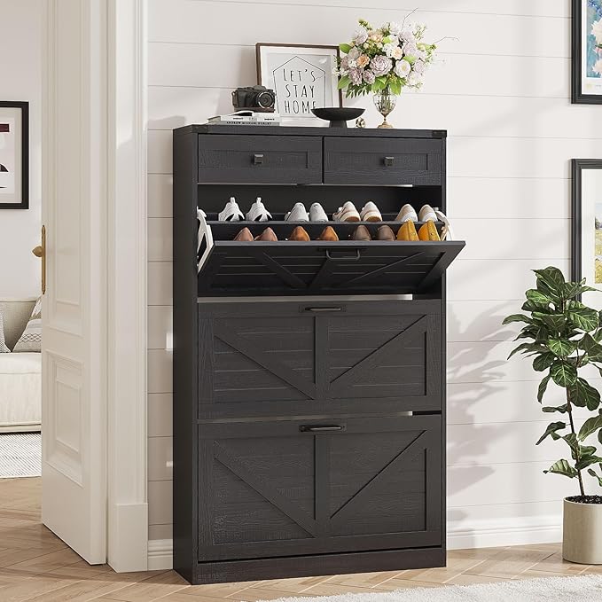 Shoe Cabinet with 3 Flip Drawers & 2 Drawers,Freestanding Shoe Storage Cabinet for Entryway,Farmhouse Narrow Slim Organizer Rack for Foyer,Hallway,Black