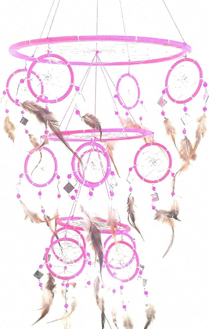 Pink Dream Catcher Traditional Dreamcatcher with Pink Feathers and Mosaic Glass, Hand Crafted 3D Design Triple Tier - X Large - 30" L X 10" Diameter