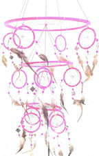 Pink Dream Catcher Traditional Dreamcatcher with Pink Feathers and Mosaic Glass, Hand Crafted 3D Design Triple Tier - X Large - 30" L X 10" Diameter