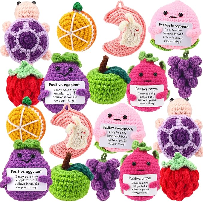 VioraWhite 18 Pcs Fruit Animals Positive Emotional Dolls Bulk Encouragement Emotional Knitted Crochet Gifts with Positive Words for Friends Coworker Decorations for Home Office
