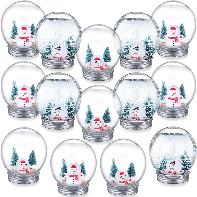 Jerify 16 Sets 3.58 Inch Christmas Plastic Clear Snow Globes Kit Water Globe with Screw Off Cap Artificial Christmas Trees Small Snowman Snowflakes for DIY Snow Globes Home Decoration Crafts