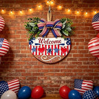12" Patriotic Wreath Wooden Welcome Sign for Front Door, 4th of July & Memorial Day Decorations, USA 250th Anniversary Decor with Red Blue Stars Bow & Artificial Flowers for Outdoor Porch Patio Fence