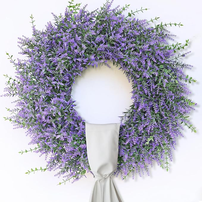 26" Artificial Lavender & Eucalyptus Wreath with Sash for Front Door, Porch, Window - Large Greenery Outdoor Wreath for Home, Farmhouse Decor - Spring, Summer, All Seasons (Purple)