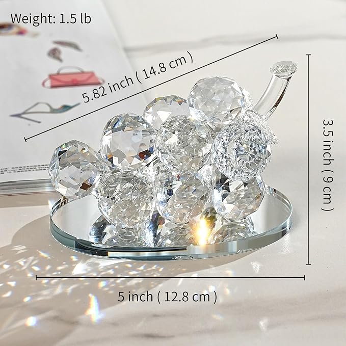 Grape Cluster Crystal Decor Sculpture, Sparkling High-Transparency Faceted Design, Luxurious High-End Crystal with Mirror Base, Elegant Home/Office Display, Gift for Collectors & Fruit Lovers (White)
