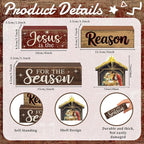 Moucuny 4 Pcs Christmas Table Decoration Christian Wooden Stacked Block, Jesus is the Reason for the Season Signs with Nativity Scene, Rustic Religious Christmas Tiered Tray Decor for Home Church