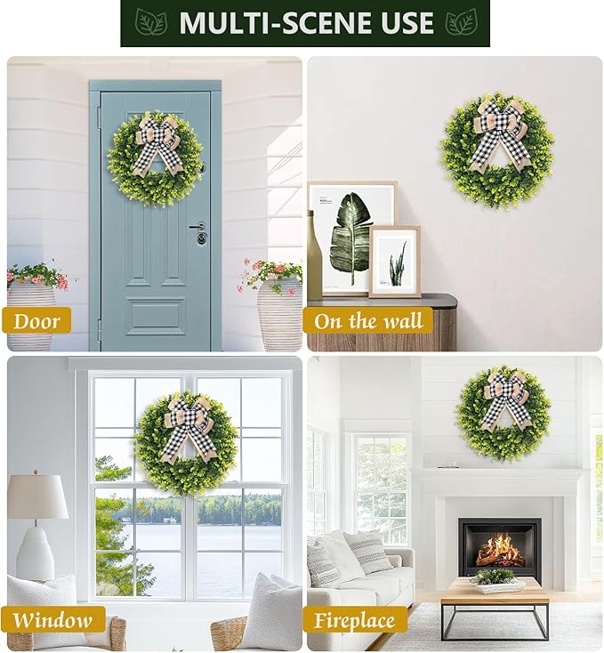 Set of 2, 24-26'' Large Boxwood Wreath for Front Door, Porch, Window - Foldable Greenery Boxwood Wreaths for Farmhouse Wedding Decor - Spring, Summer, Fall, All Seasons (with Bow)
