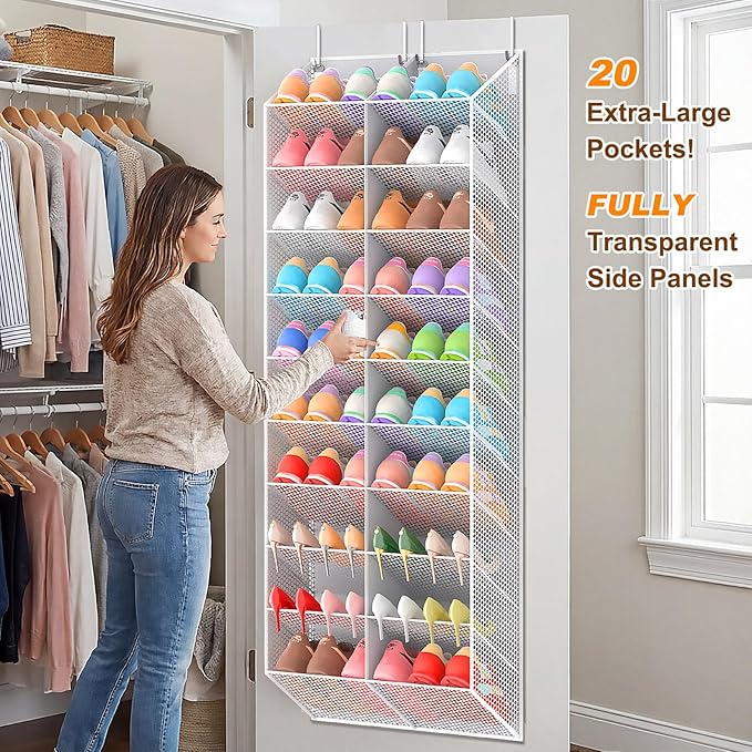 30 Pairs Over the Door Shoe Organizer, Breathable Mesh Pocket Hanging Shoe Storage for Closet, 10-Tier Door Shoes Rack, Handing Shoes Holder Fit All the Family's Sneakers, Boots, Heels, Light Grey