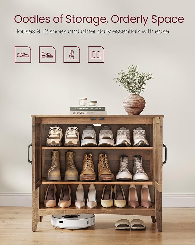 VASAGLE LIRY Collection - Shoe Cabinet, 3-Tier Storage Organizer, Shoe Shelf, Farmhouse Freestanding Cabinet, Height-Adjustable Shelf, 13.8 x 31.5 x 27.6 Inches, Honey Brown ULBC038B01
