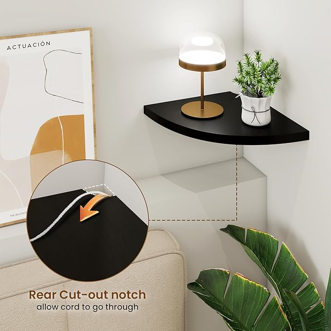 Fun Memories Corner Shelf Wall Mount Set of 2 - Solid Oak Wood Floating Corner Shelf with Cable Hole, 10in Rustic Design for Bedroom, Living Room, Kitchen (Black)