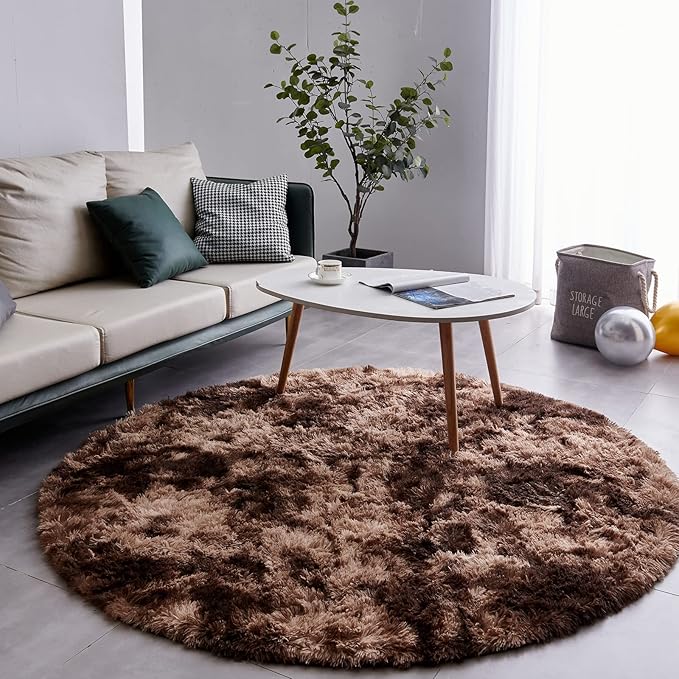 FJZFING Tie-Dyed Coffee Round Rug Ultra-Soft Plush Modern 6x6 Circle Area Rug for Kid's Bedroom, Fluffy Shag Circular Rug for Nursery Room, Non-Slip Home Decor Carpet for Teen's Room