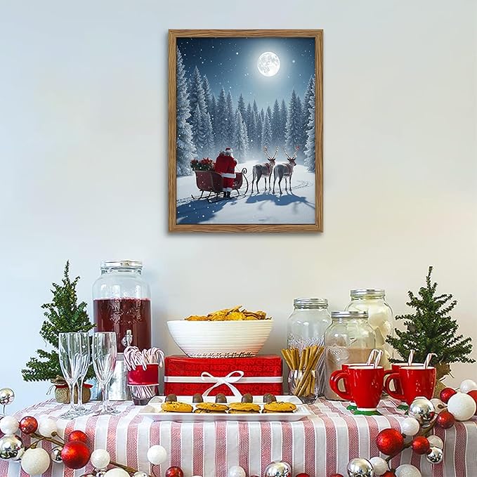 Framed Christmas Wall Decor, Santa Claus Delivering Christmas Gifts Canvas Prints Winter Holidays Pine Trees Wall Art Night Sky Reindeer Snow Scene Artwork for Living Room – 16x24in