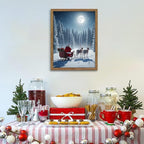 Framed Christmas Wall Decor, Santa Claus Delivering Christmas Gifts Canvas Prints Winter Holidays Pine Trees Wall Art Night Sky Reindeer Snow Scene Artwork for Living Room – 16x24in
