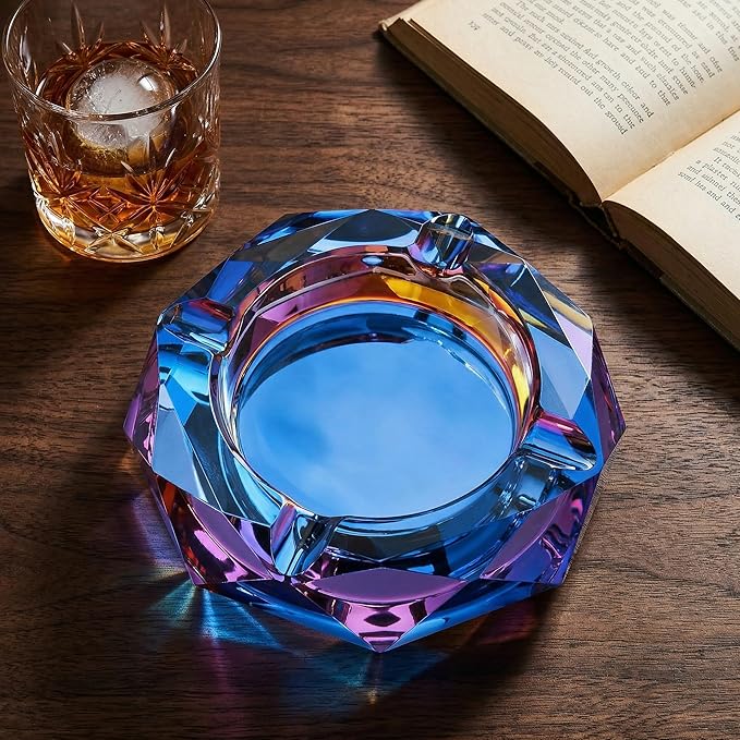 Coomin 5.9in Large Crystal Glass Ash Tray, Sparkly Cigarettes Cigar Ashtray, Ashtrays for Smokers Indoor Office Home Desktop Tabletop, Unique Luxury Gifts for Men, Blue