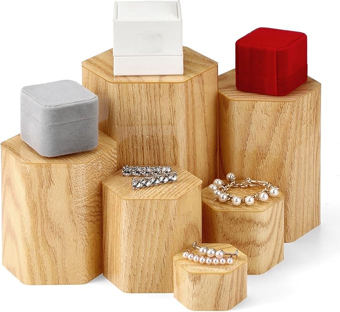Jetec 12 Pcs Hexagonal Jewelry Display Risers Hexagonal Market Display Risers Stands Acrylic Showcase Acrylic Stand for Jewelry Model Figures Decoration, 6 Sizes (Woodgrain)