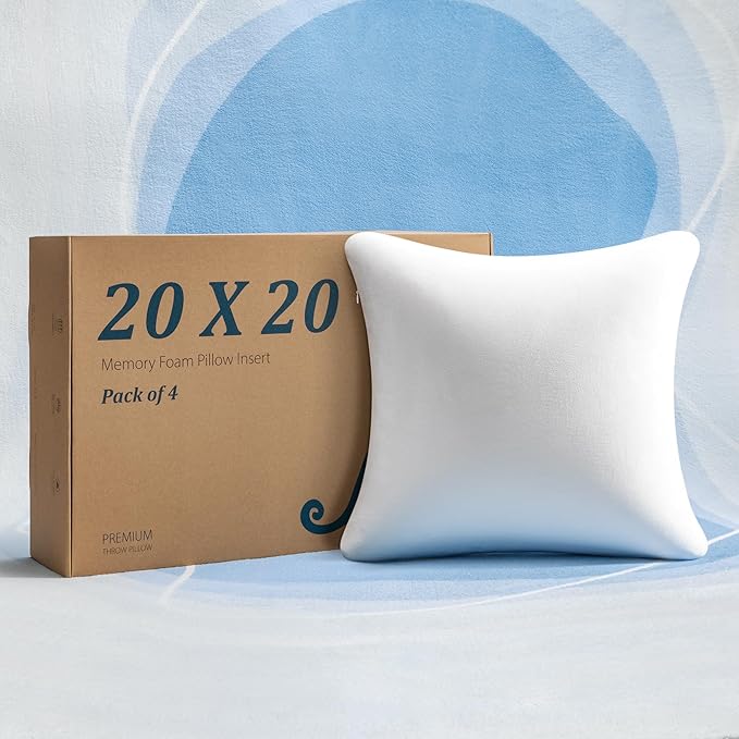 AM AEROMAX 20 × 20 Throw Pillow (Pack of 4) Memory Foam Pillow Insert - Square Accent Pillow for Decorative Cushion Bed Couch Sofa - Non-Deforming Over Time