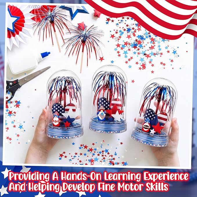 Sotiff 12 Sets 4th of July Themed Snow Globe Craft 250th Anniversary Party Supplies Firework Picks Mini Gnome Ornaments Stars Patriotic Heart Anniversary Party for Classroom Activities