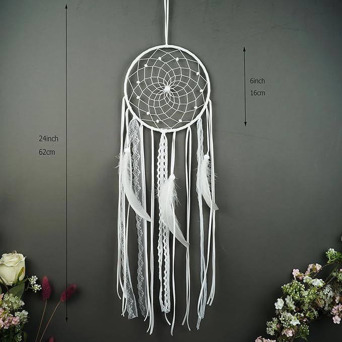 5 Pcs White Jute Crochet Dream Catchers Set, Handmade Bohemian Wall Decor with Feather Tassels – for Bedroom, Living Room, Nursery, Wedding & Boho Home Decoration(White)