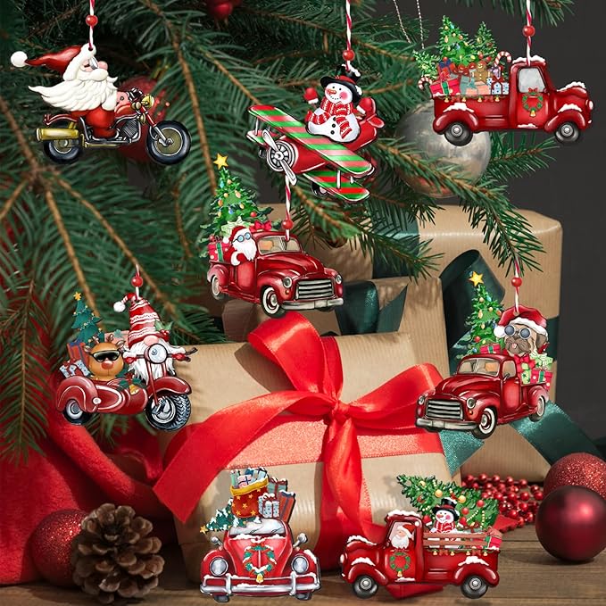 JOPHMO Wooden Christmas Truck Ornaments Red Truck Wooden Hanging Ornaments Wooden Car Crafts with Bead Farmhouse Hanging Decor for Xmas Tree Decoration Holiday Parties Craft Supplies 24 Pieces