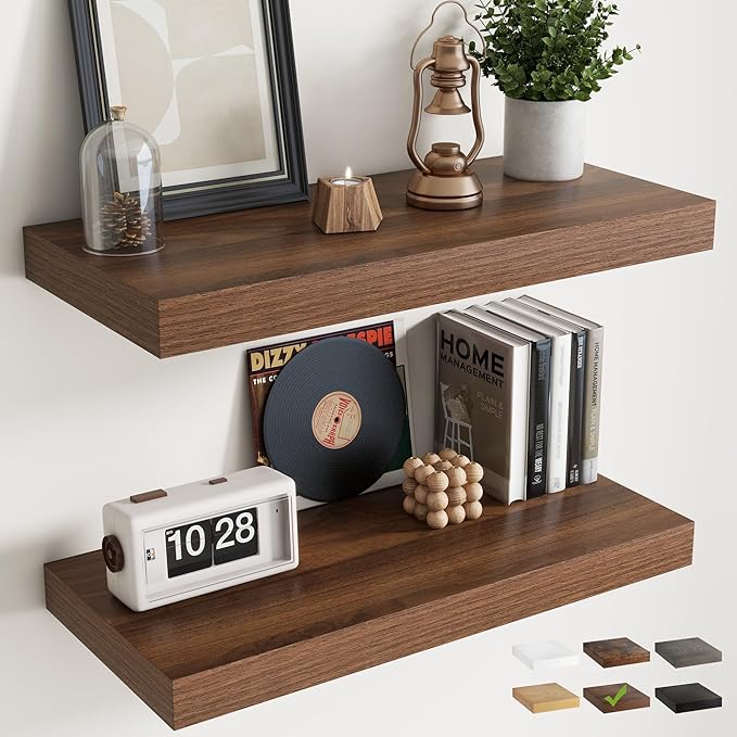 30 Inch Floating Shelves for Wall Set of 2, 12"D Wood Grain Bathroom Shelves with Invisible Brackets, Easy Install Engineered Wood Storage Shelves for Kitchen, Living Room, Bedroom, Walnut Finish