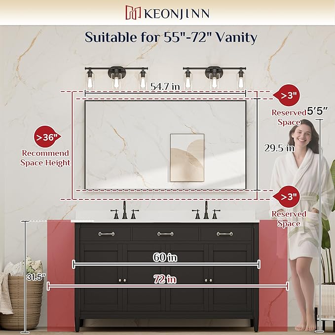 Keonjinn Black Bathoom Mirror 55 x 30 Inch, Large Rectangle Vanity Wall Mirror for Over Sink, Metal Framed Rectangular Mirrors, Brushed Black Modern Farmhouse Mirrors