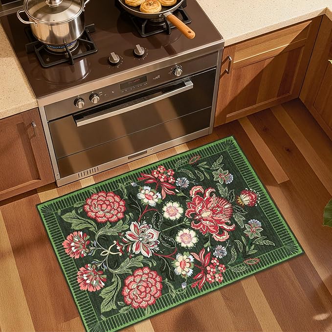 GarveeHome Forest Green Floral 2x3 Door Mat Indoor Rugs for Entryway Small Vintage Boho Cottage Washable Non-Slip Low-Pile Rug for Bedroom Kitchen Bathroom Entrance