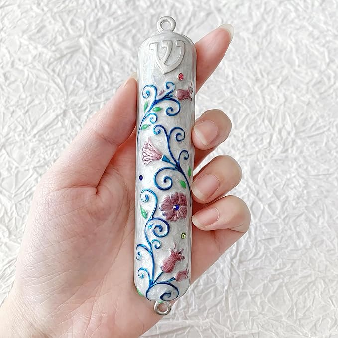 5.2 Inches Hand-Painted Mezuzah, Exquisite Enamel Design with Scroll Included for Jewish Occasions