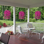 Artificial Faux Hanging Flowers Basket for Spring Summer Outdoor Porch Decoration, Fake Silk Colorful Morning Glory Eucalyptus in Planter UV Resistant for Home Balcony Yard(Red Purple)