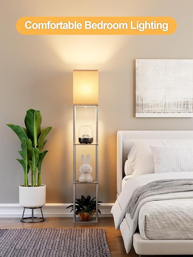 Floor Lamp with Shelves for Living Room Oak Gray, Shelf Floor Lamp with 3 CCT LED Bulb, Corner Display Standing Column Lamp Etagere Organizer Tower Nightstand with White Linen Shade for Bedroom Office