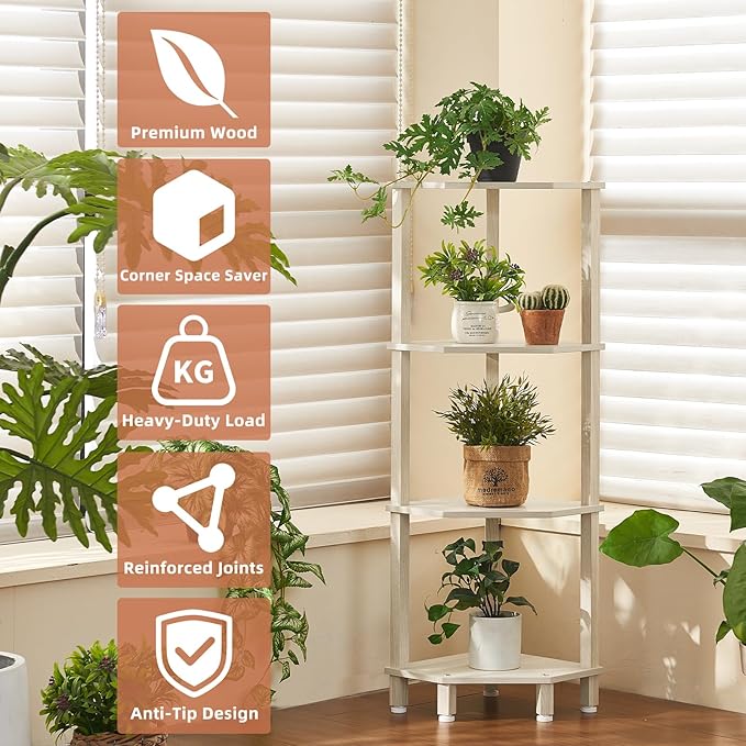 YUFAM 4-Tier Corner Shelf with Sturdy 5-Leg Base, Wooden Corner Bookshelf for Small Spaces, Corner Standing Shelf for Living Room, Bedroom, Office, Grey White