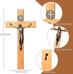 ACHIBANG 10 Inch Wooden Catholic Crucifix Wall Cross with Jesus & Saint Benedict Medal, Natural Wood Religious Decor for Home Prayer Room, Baptism Confirmation Catholic Gifts
