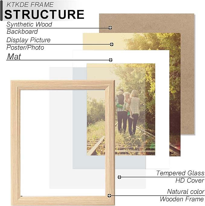 KTKDE 12x16 Picture Frame Real Glass,Poster frame Display Pictures 8.5x11 with Mat or 12x16 Without Mat, Modern Style Wood Composite Frame,Gallery Wall Frame Wooden ，best gift