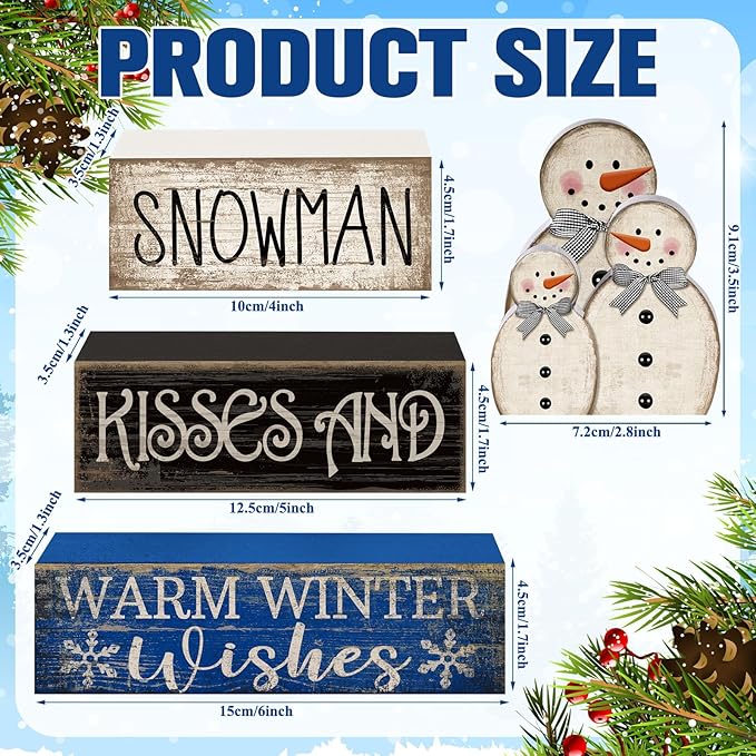 Lineshading 4 Pcs Winter Table Decor Wooden Snowman Decorations Winter Tiered Tray Decor Christmas Centerpieces Rustic Decorative Snowman Block Signs Gift Farmhouse for Kitchen Home Desk