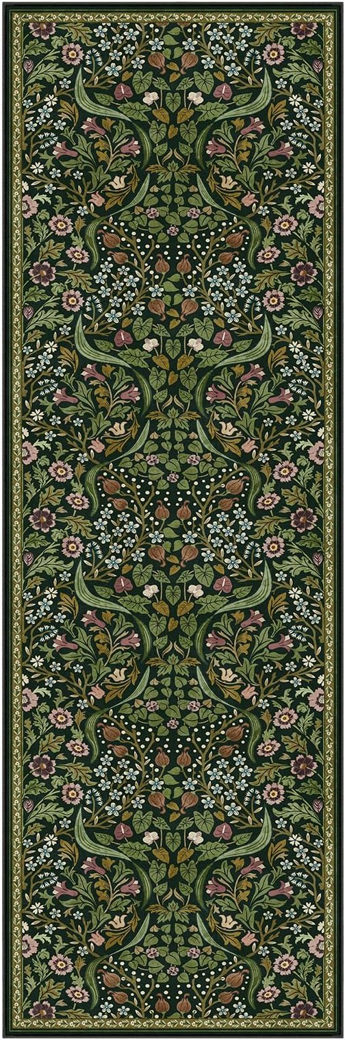 Moynesa Floral Hallway Runner Rug 2'8" x 8', Washable Non Skid Kitchen Rug, Boho Green Soft Ultra Thin Botanical Carpet Runners for Entryway Bathroom Laundry Room, Green