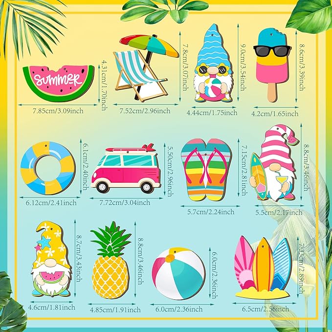 Geelin 36 Pcs Summer Wood Hanging Ornaments for Tree Mini Tree Decorations Hawaiian Beach Wooden Pendant Decorations with String for Luau Party Supplies(Cute Style)