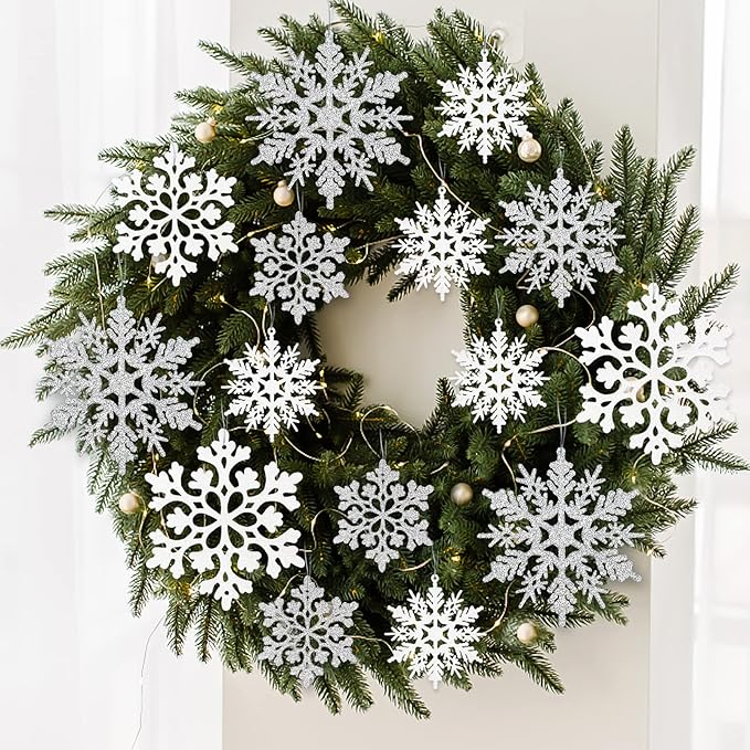White and Silver Christmas Snowflake Ornaments- 36Pcs Plastic Glitter Hanging Snow Flakes for Christmas Tree Decorations Winter Wonderland Frozen Birthday Party Holiday Home Decor Craft Snowflakes