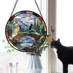 Stained Glass Window Hanging, Blue Landscape Arch Bridge Sun Catcher for Door Home Decor Suncatcher Christmas Mother's Day Birthday Gifts for Women Men Mom and Nana 11.8 in